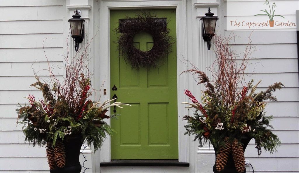 winter garden containers and wreath